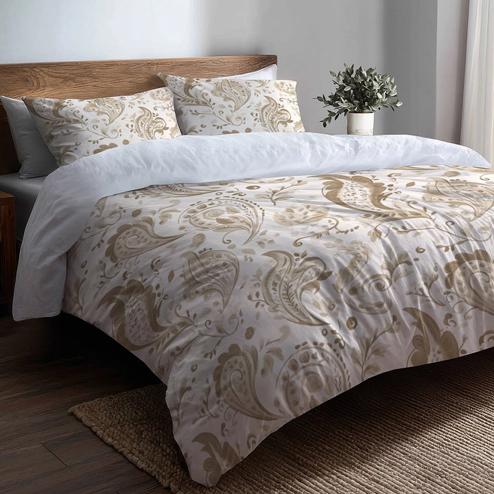 Paisley Bedding Set 5 Pcs - Beige Paisley Floral Duvet Cover And Throw Pillow Set