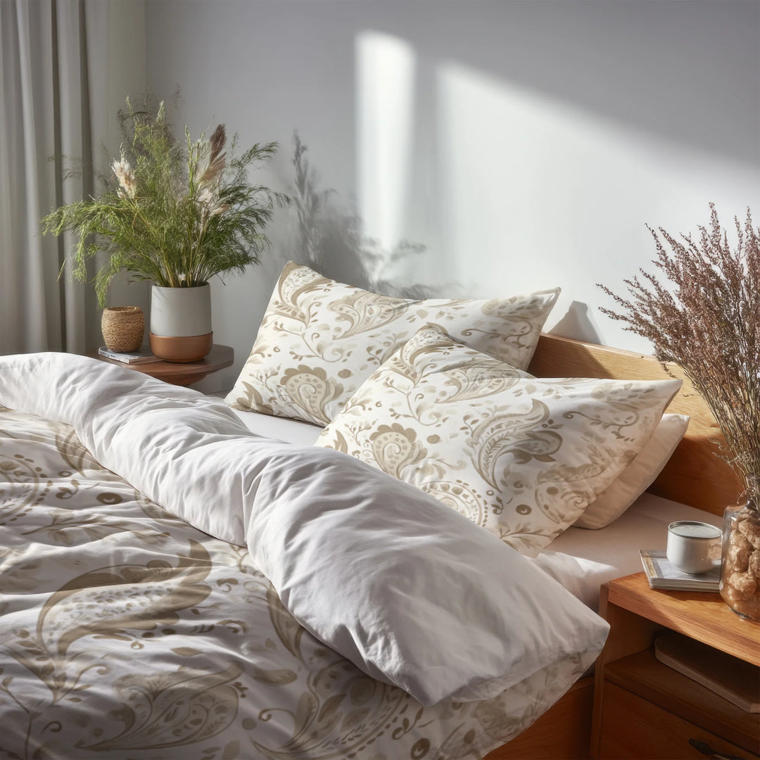 Paisley Bedding Set 5 Pcs - Beige Paisley Floral Duvet Cover And Throw Pillow Set