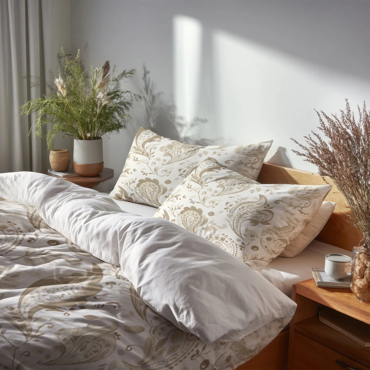 Paisley Bedding Set 5 Pcs - Beige Paisley Floral Duvet Cover And Throw Pillow Set
