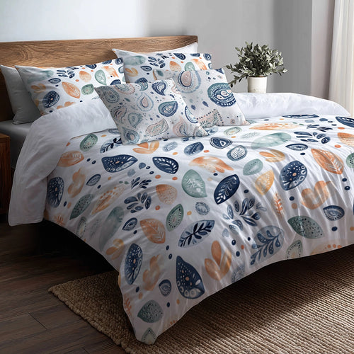 Paisley Duvet Cover Set of 5 - Blue And Orange Paisley Petals Bedding And Throw Pillow Set