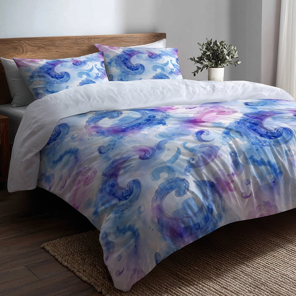 Boho Bedding Set of 5 - Blue And Purple  Paisley Cloud Duvet Cover And Throw Cushion Set
