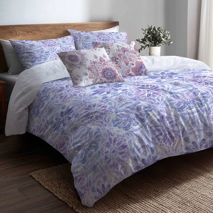 Boho Bedding Set of 5 - Soft Purple Mandala Duvet Cover And Throw Cushion Set
