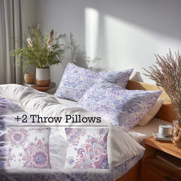 Boho Bedding Set of 5 - Soft Purple Mandala Duvet Cover And Throw Cushion Set