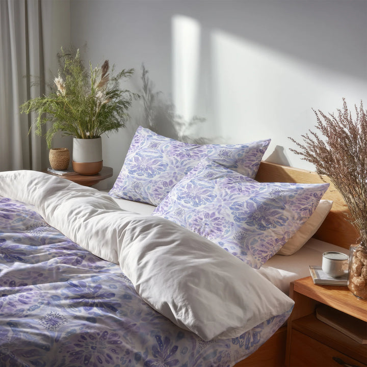 Boho Bedding Set of 5 - Soft Purple Mandala Duvet Cover And Throw Cushion Set