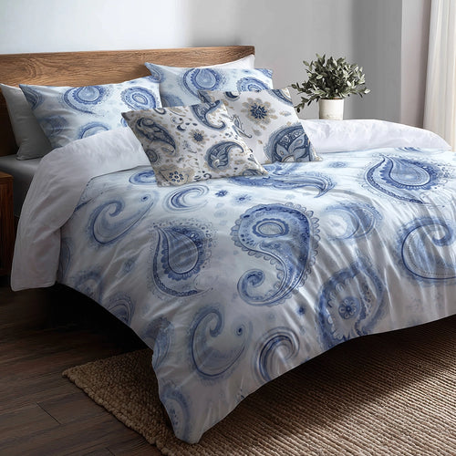French Country Bedding Set of 5 - Blue Vintage Paisley Dreams Duvet Cover And Throw Pillow Set