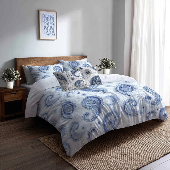 French Country Bedding Set of 5 - Blue Vintage Paisley Dreams Duvet Cover And Throw Pillow Set