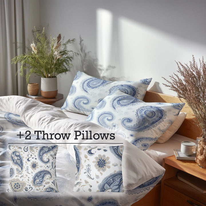 French Country Bedding Set of 5 - Blue Vintage Paisley Dreams Duvet Cover And Throw Pillow Set
