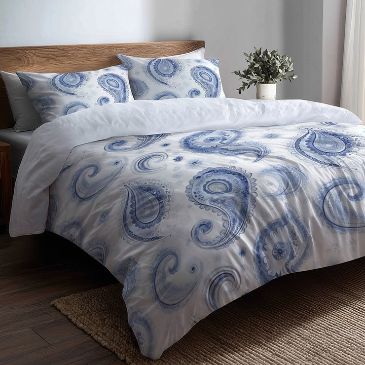 French Country Bedding Set of 5 - Blue Vintage Paisley Dreams Duvet Cover And Throw Pillow Set
