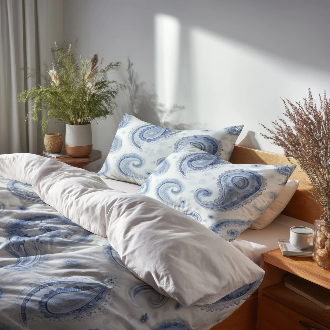 French Country Bedding Set of 5 - Blue Vintage Paisley Dreams Duvet Cover And Throw Pillow Set