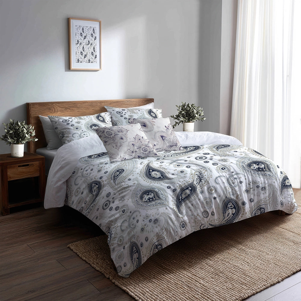 Paisley 5 Pcs Bedding Set - Grey Vintage Paisley Dreams Duvet Cover And Pillow Set