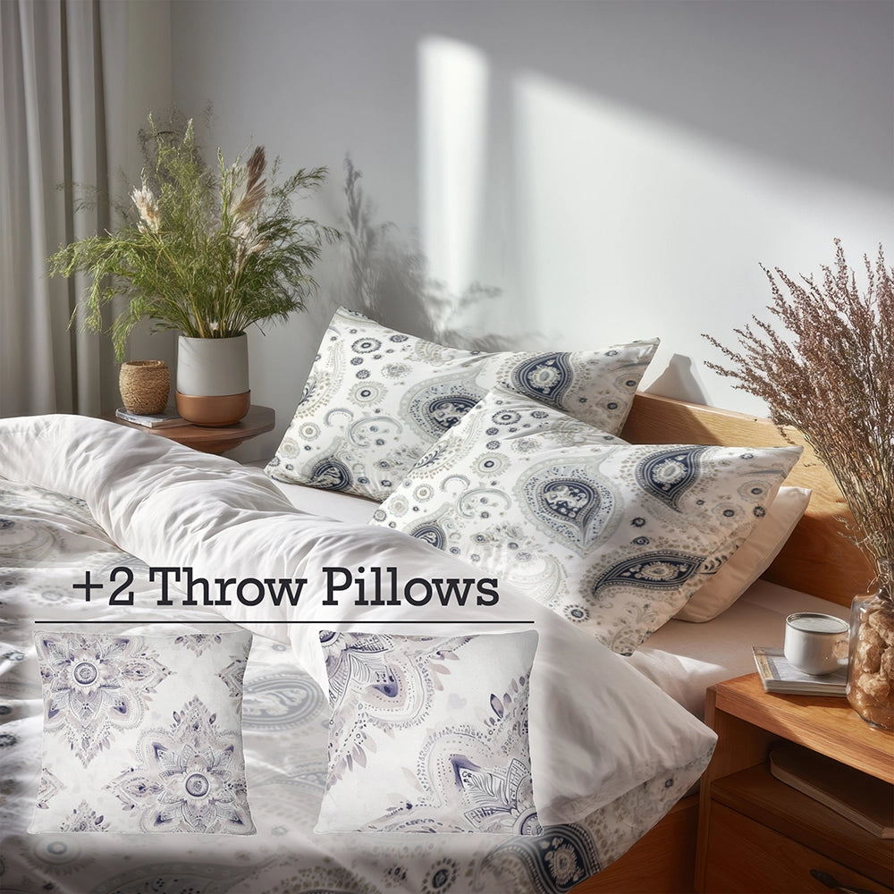 Paisley 5 Pcs Bedding Set - Grey Vintage Paisley Dreams Duvet Cover And Pillow Set