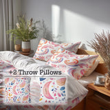 Modern Bedding Set of 5 - Orange Pink Paisley Dreams Duvet Cover And Throw Cushion Set