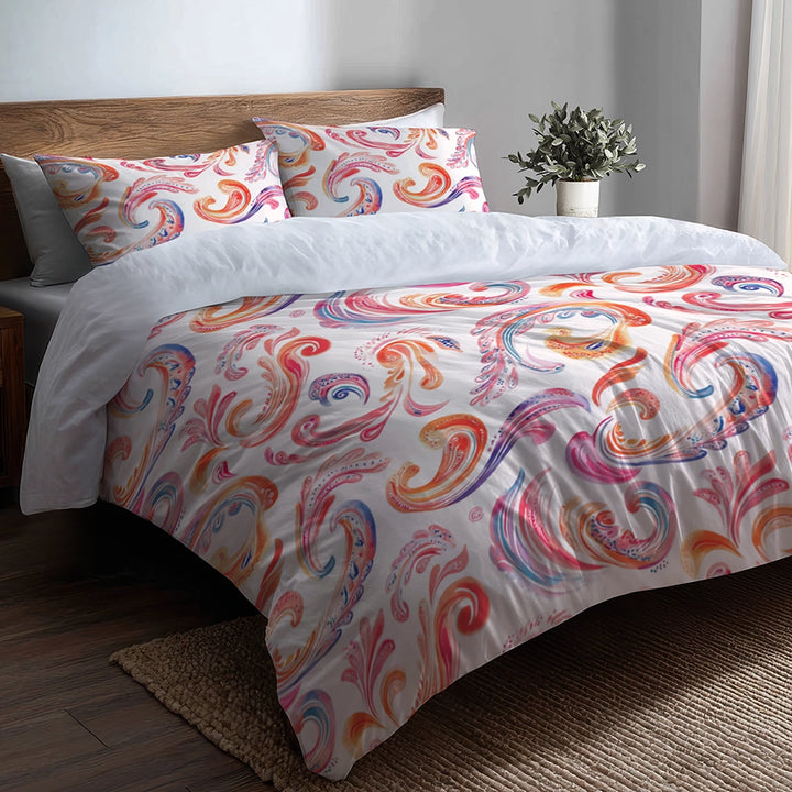 Modern Bedding Set of 5 - Orange Pink Paisley Dreams Duvet Cover And Throw Cushion Set