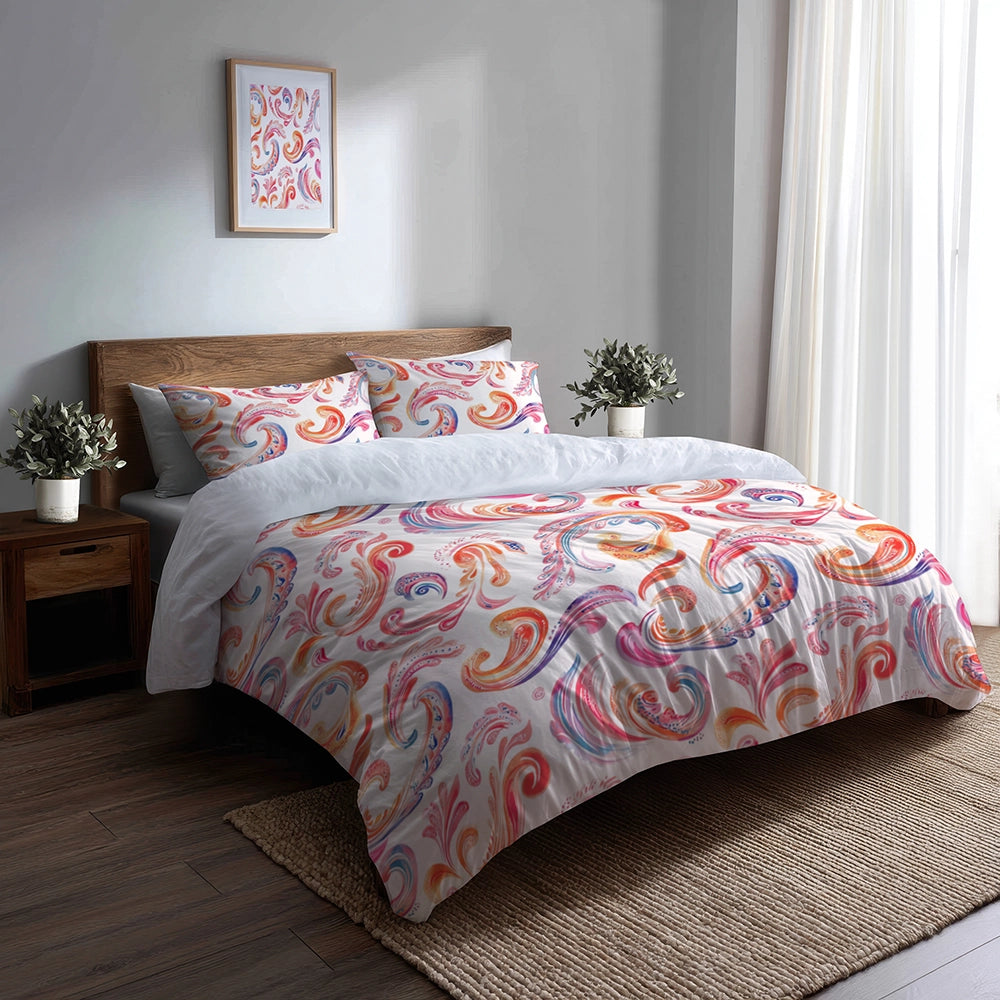 Modern Bedding Set of 5 - Orange Pink Paisley Dreams Duvet Cover And Throw Cushion Set