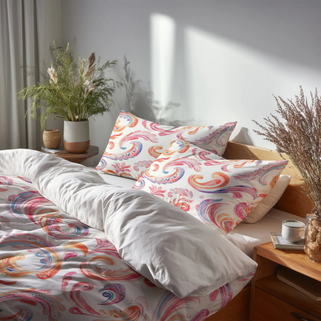 Modern Bedding Set of 5 - Orange Pink Paisley Dreams Duvet Cover And Throw Cushion Set