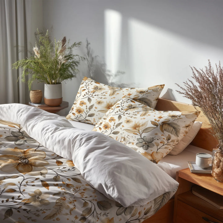 Country / Farmhouse Bedding Set of 5 - Neutral Bloom Paisley Duvet Cover And Throw Pillow Set
