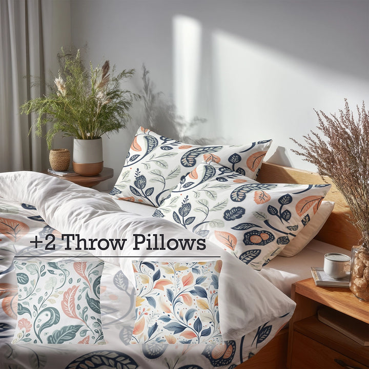 Boho Bedding Set of 5 - Botanical Paisley Duvet Cover And Throw Pillow Set