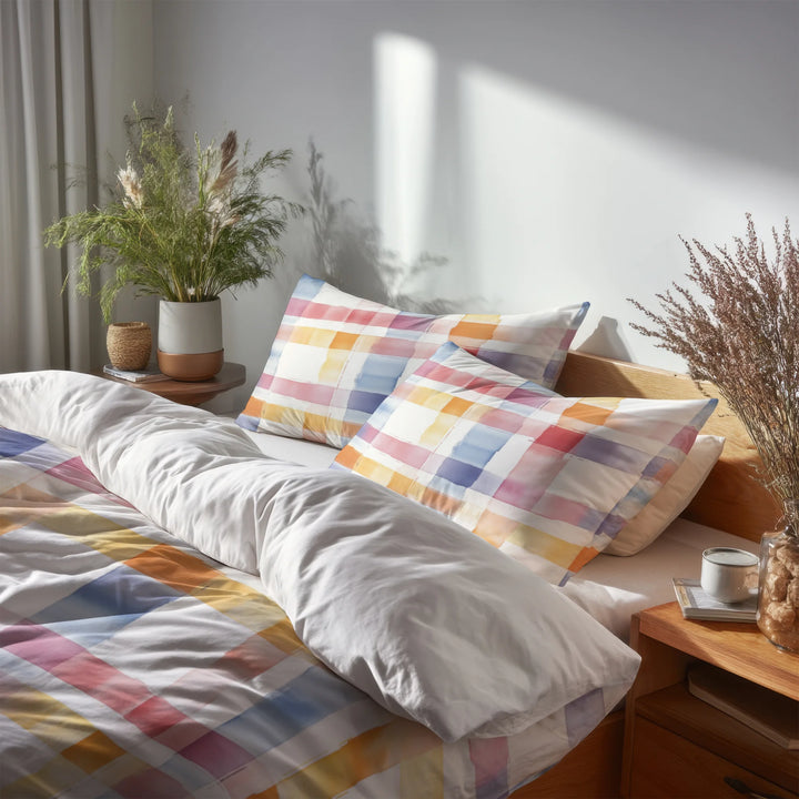 Plaid Duvet Cover Set of 5 - Soft Plaid Bedding And Throw Pillow Set