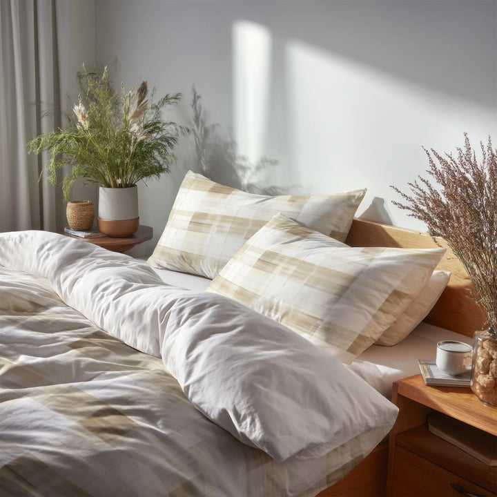 Plaid Bedding Set 5 Pcs - Neutral Plaid Duvet Cover And Throw Pillow Set