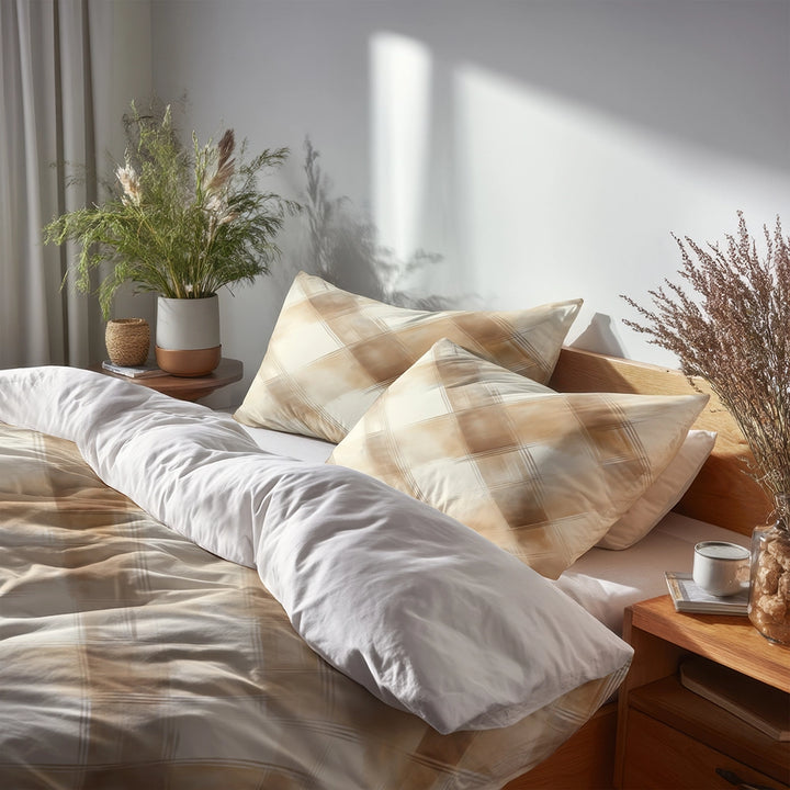 Plaid Duvet Cover Set of 3 - Warm Sand Plaid Bedding Set