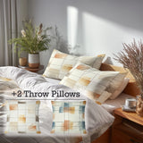 Modern Bedding Set of 5 - Neutral Grid Duvet Cover And Throw Pillow Set