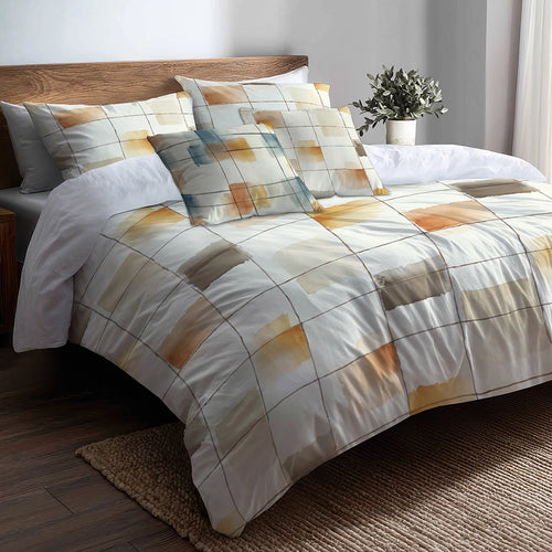 Plaid Duvet Cover Set of 5 - Neutral Grid Bedding And Throw Pillow Set