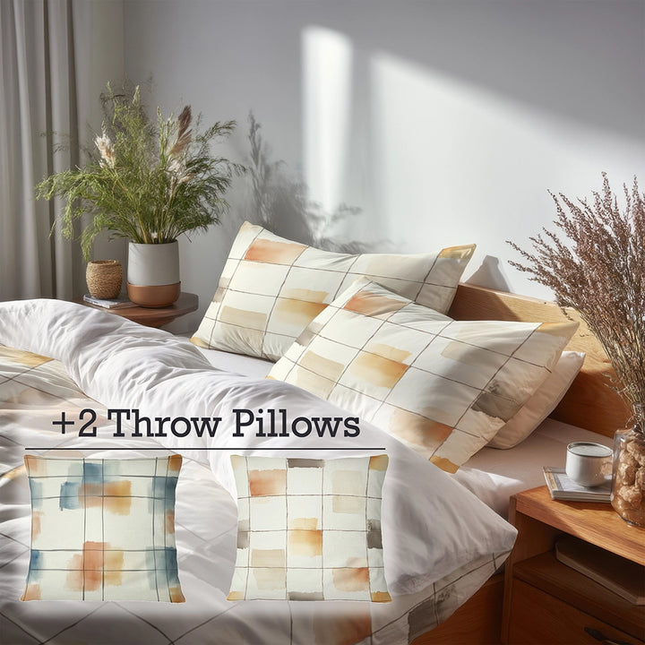 Plaid Duvet Cover Set of 5 - Neutral Grid Bedding And Throw Pillow Set