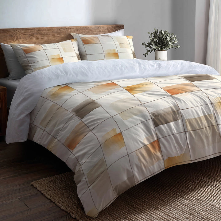 Plaid Duvet Cover Set of 5 - Neutral Grid Bedding And Throw Pillow Set