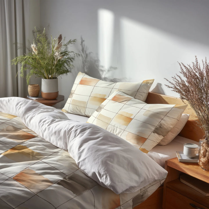 Plaid Duvet Cover Set of 5 - Neutral Grid Bedding And Throw Pillow Set