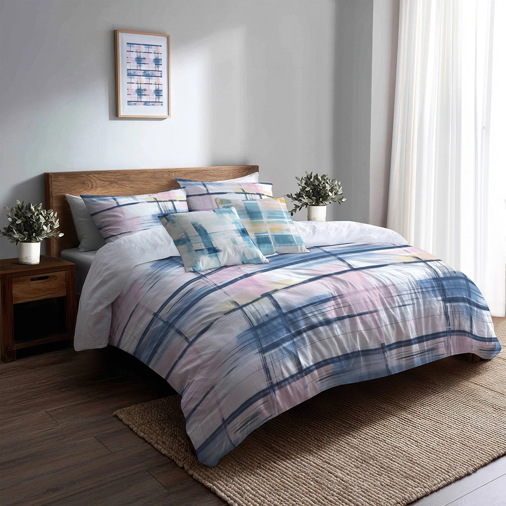 Modern Bedding Set - Light Horizon Plaid Duvet Cover And Cushion Set