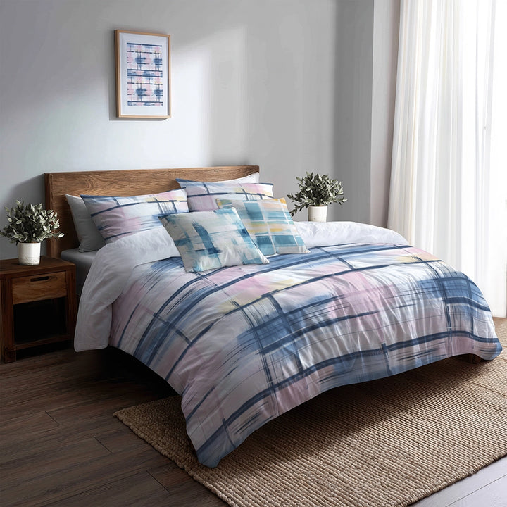 Modern Bedding Set - Light Horizon Plaid Duvet Cover And Cushion Set