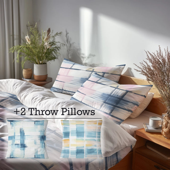 Modern Bedding Set - Light Horizon Plaid Duvet Cover And Cushion Set