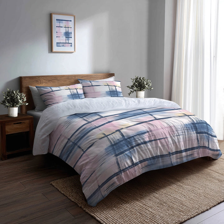 Modern Bedding Set - Light Horizon Plaid Duvet Cover And Cushion Set