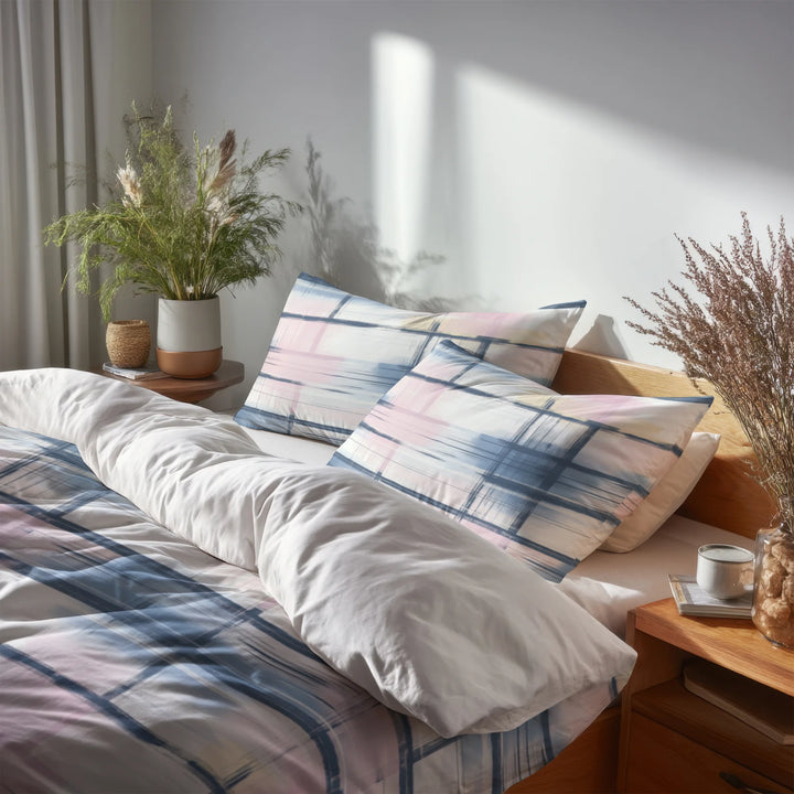 Modern Bedding Set - Light Horizon Plaid Duvet Cover And Cushion Set