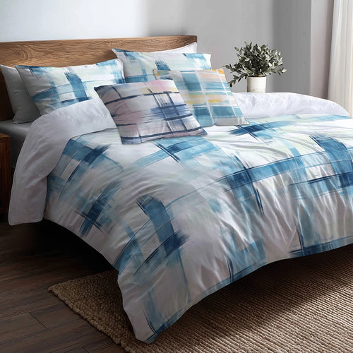 Modern Bedding Set of 5 - Light Horizon Plaid Duvet Cover And Throw Pillow Set