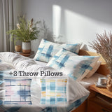 Modern Bedding Set of 5 - Light Horizon Plaid Duvet Cover And Throw Pillow Set