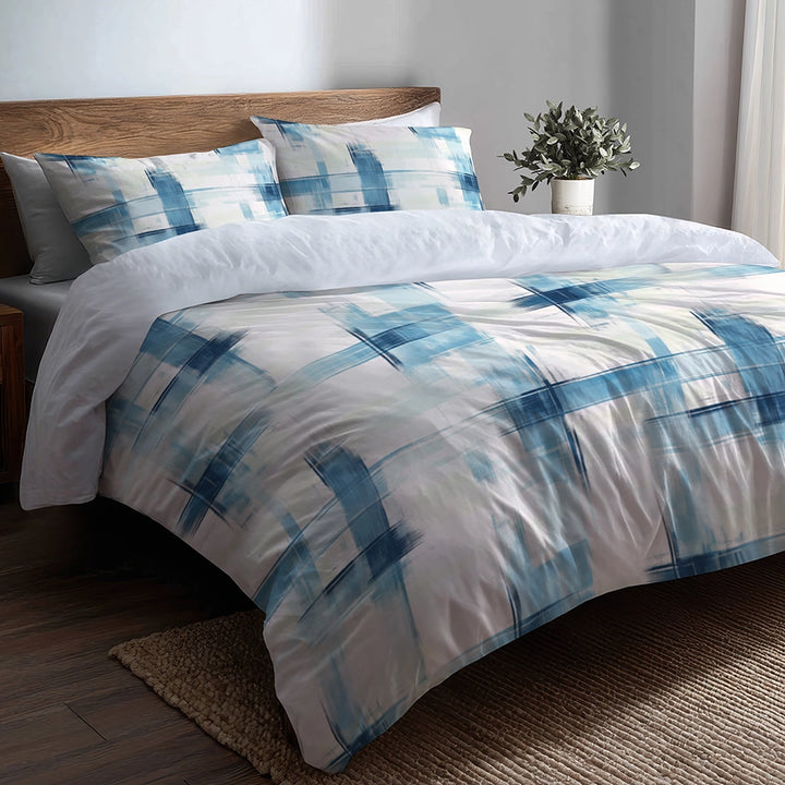 Modern Bedding Set of 5 - Light Horizon Plaid Duvet Cover And Throw Pillow Set