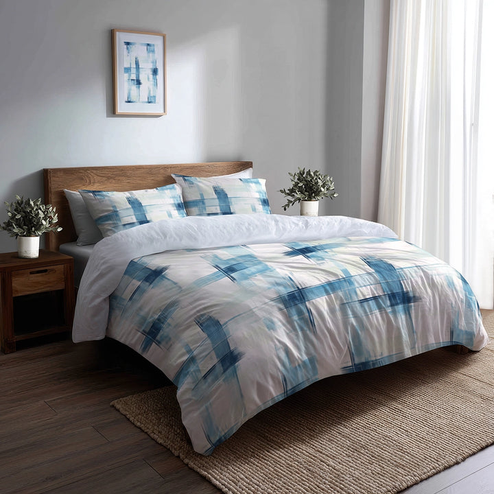 Modern Bedding Set of 5 - Light Horizon Plaid Duvet Cover And Throw Pillow Set