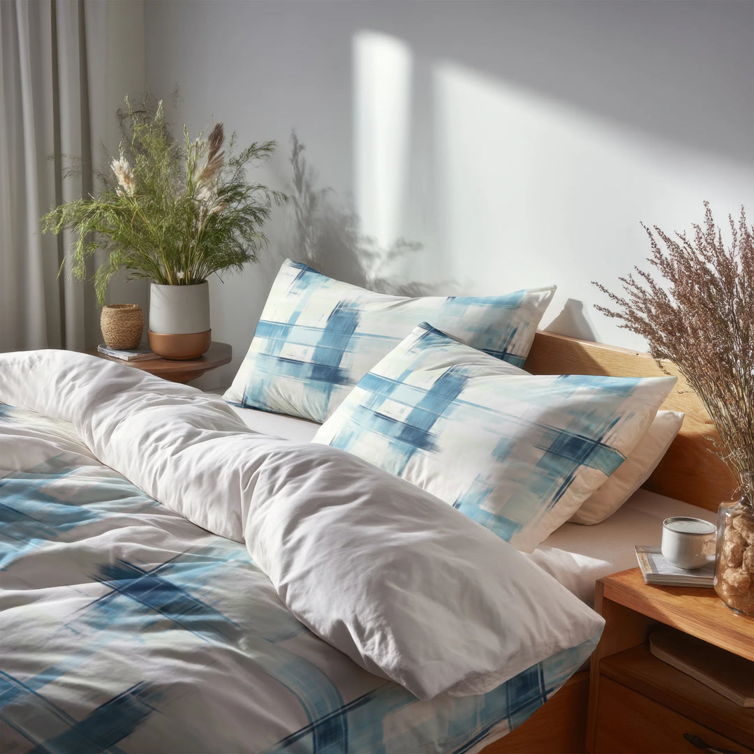 Modern Bedding Set of 5 - Light Horizon Plaid Duvet Cover And Throw Pillow Set
