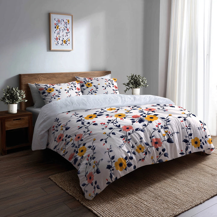 Country / Farmhouse Bedding Set of 3 - Pink And Yellow  Cherry Blossoms Duvet Cover Set