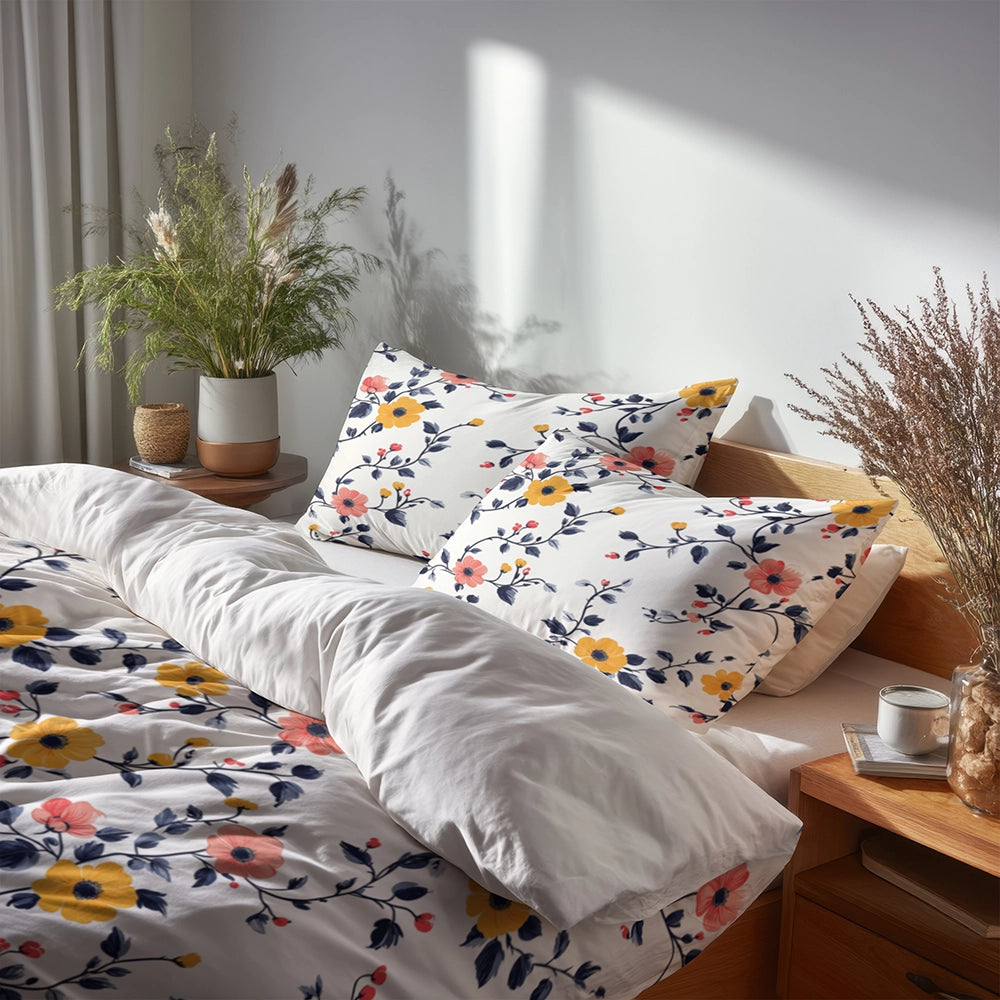 Country / Farmhouse Bedding Set of 3 - Pink And Yellow  Cherry Blossoms Duvet Cover Set