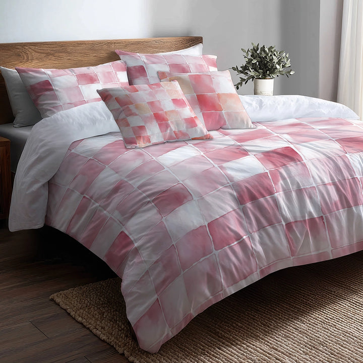 Patchwork Duvet Cover Set of 5 - Pink And White Blush Quilt Bedding And Throw Pillow Set