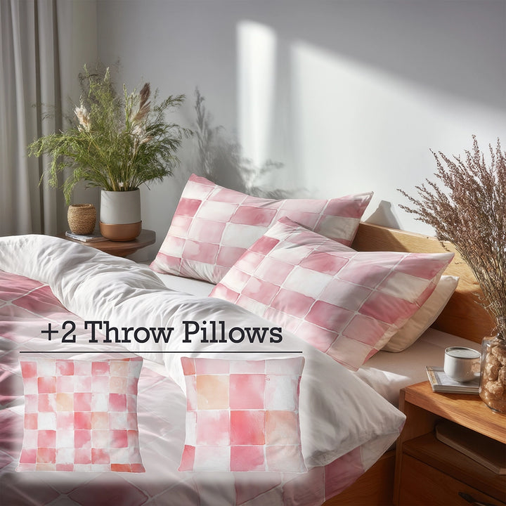 Patchwork Duvet Cover Set of 5 - Pink And White Blush Quilt Bedding And Throw Pillow Set