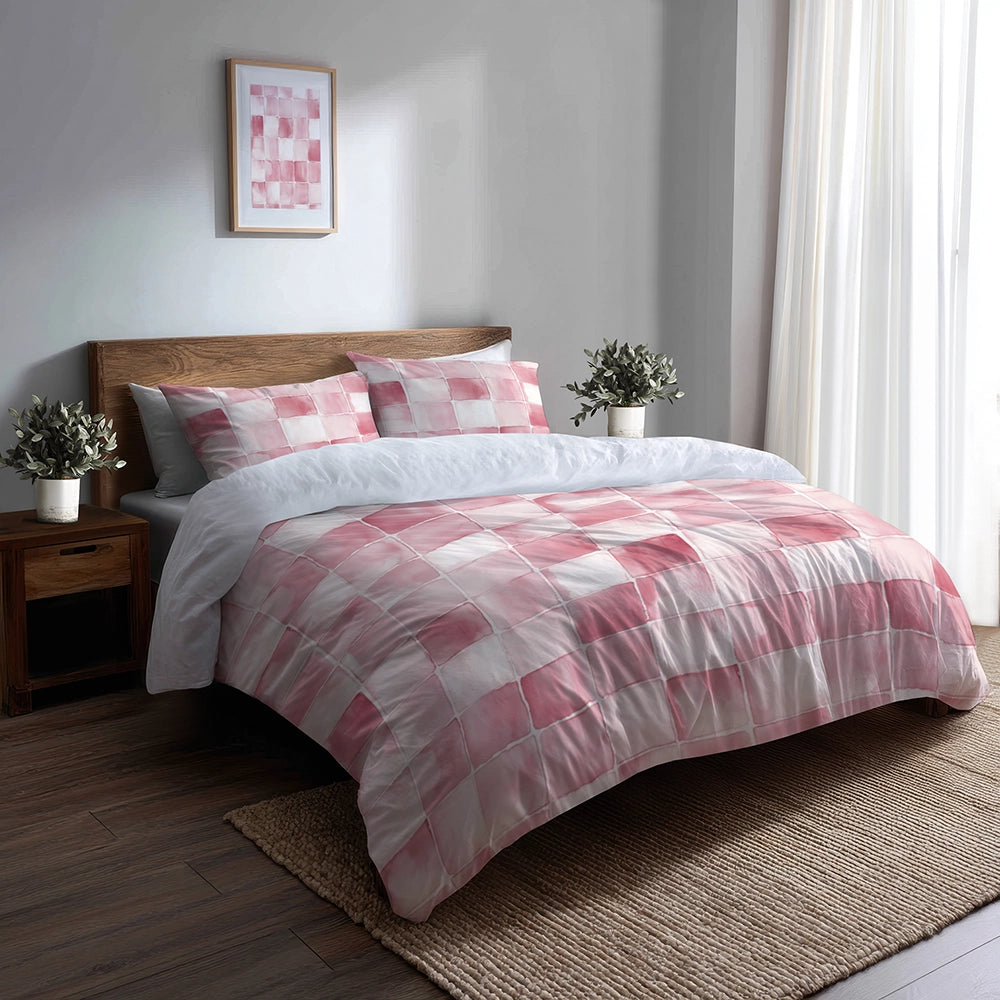 Patchwork Duvet Cover Set of 5 - Pink And White Blush Quilt Bedding And Throw Pillow Set