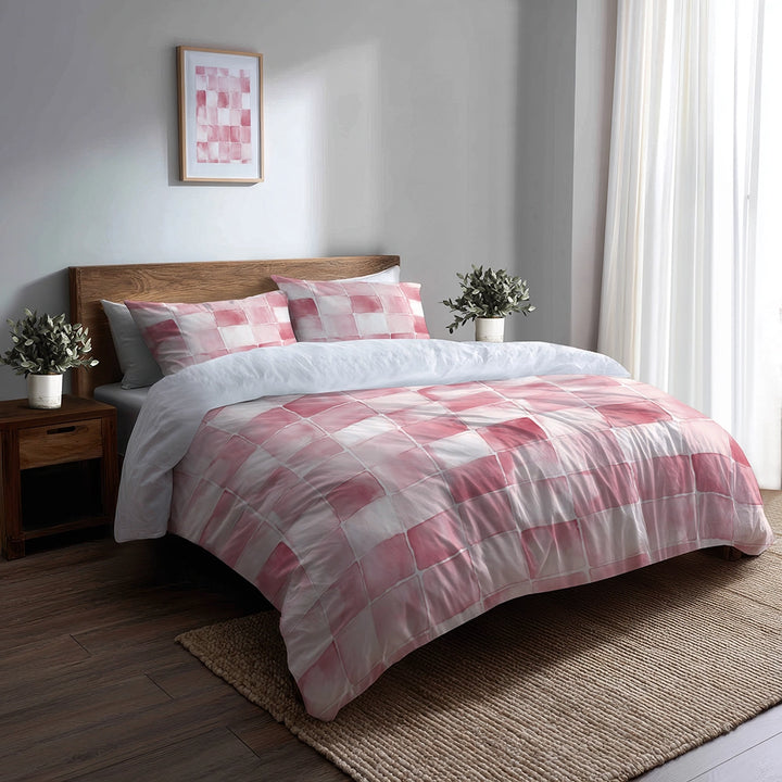Patchwork Duvet Cover Set of 5 - Pink And White Blush Quilt Bedding And Throw Pillow Set