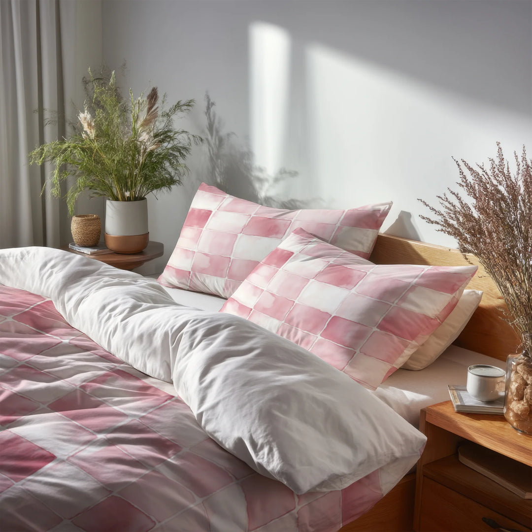 Patchwork Duvet Cover Set of 5 - Pink And White Blush Quilt Bedding And Throw Pillow Set