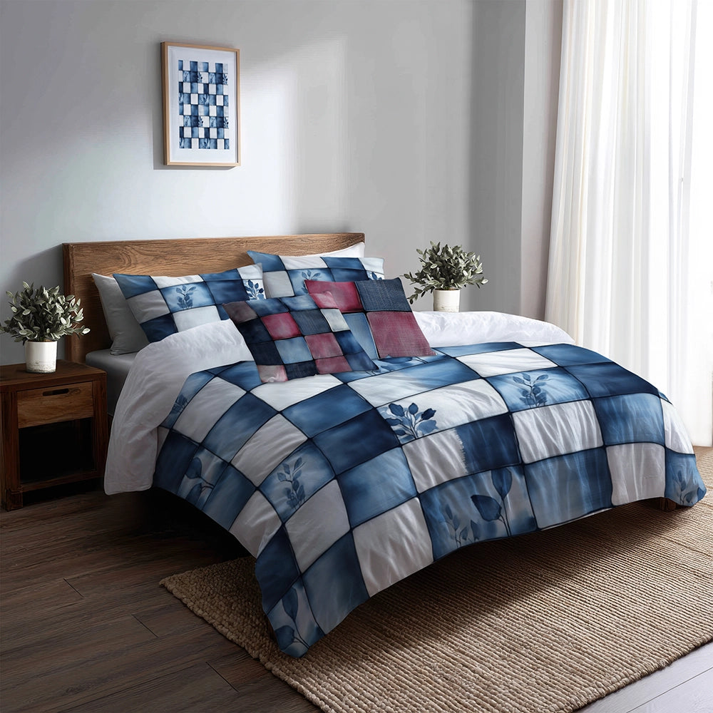Country / Farmhouse Bedding Set - Linen Patch Duvet Cover And Cushion Set