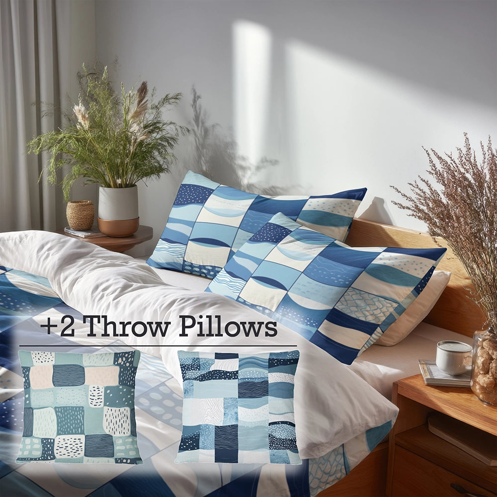 Patchwork Duvet Cover Set of 5 - Ocean Quilt Bedding And Throw Pillow Set