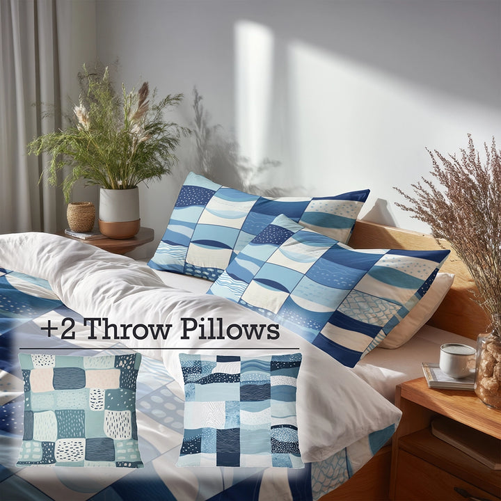 Patchwork Duvet Cover Set of 5 - Ocean Quilt Bedding And Throw Pillow Set