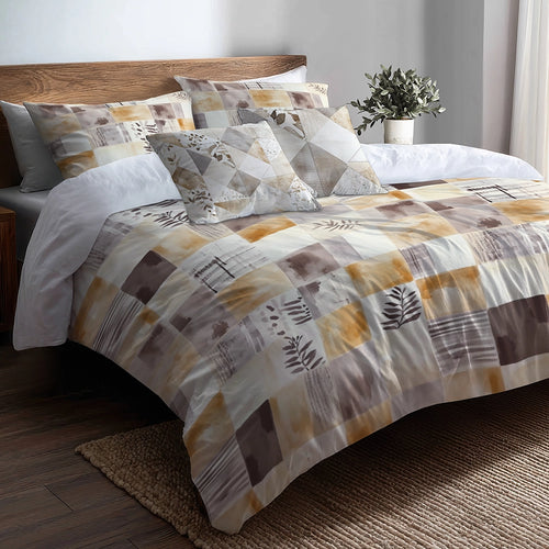 Country / Farmhouse Bedding Set of 5 - Neutral Mix Quilt Duvet Cover And Throw Pillow Set